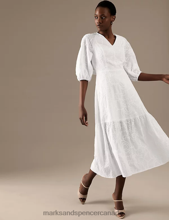 Marks and Spencer near me - Women Soft White Clothing Marks & Spencer Pure Cotton Embroidered V-Neck Midaxi Dress 20VTD355