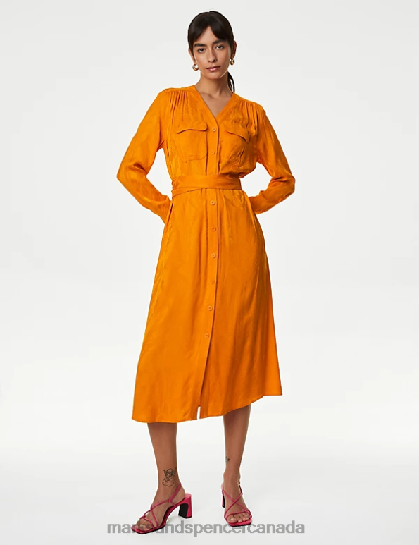 Women Tangerine Clothing Marks & Spencer Floral Jacquard V-Neck Midi Shirt Dress 20VTD564 - Marks and Spencer online