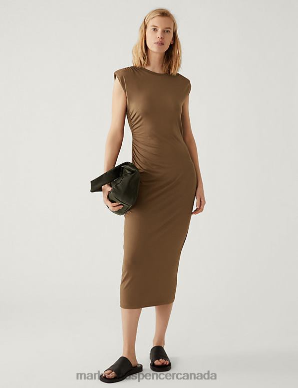 Women Toffee Clothing Marks & Spencer Jersey Round Neck Ruched Midi Bodycon Dress 20VTD2511 - Marks and Spencer online