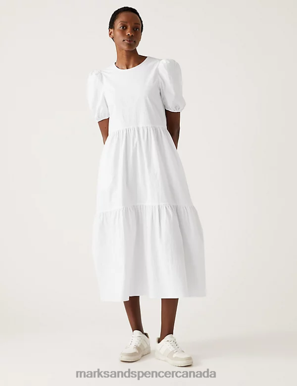 Marks and Spencer near me - Women White Clothing Marks & Spencer Cotton Rich Puff Sleeve Midi Tiered Dress 20VTD1254