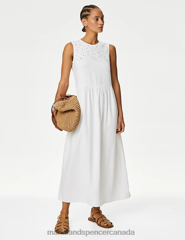 Marks and Spencer near me - Women White Clothing Marks & Spencer Linen Rich Cutwork Detail Midi Swing Dress 20VTD503