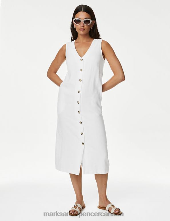 Women White Clothing Marks & Spencer Linen Rich V-Neck Button Through Midi Dress 20VTD1841 - Marks and Spencer online