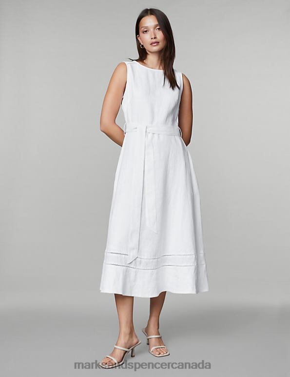 Women White Clothing Marks & Spencer Pure Linen Tie Waist Midi Skater Dress 20VTD372 - Marks and Spencer Canada locations