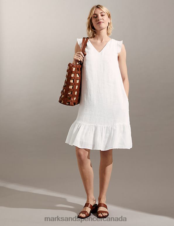 Marks and Spencer near me - Women White Clothing Marks & Spencer Pure Linen V-Neck Knee Length Shift Dress 20VTD2440