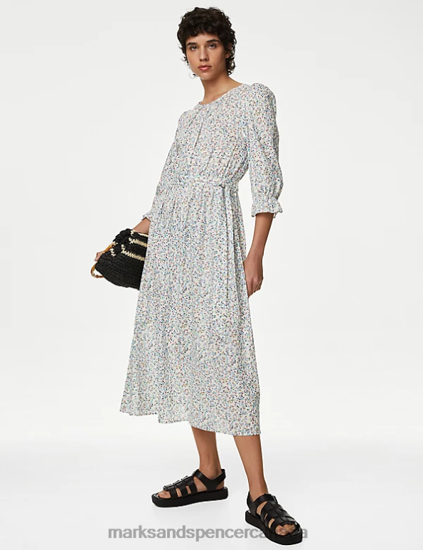 Marks and Spencer Canada - Women White Mix Clothing Marks & Spencer Pure Cotton Floral Midi Waisted Dress 20VTD745