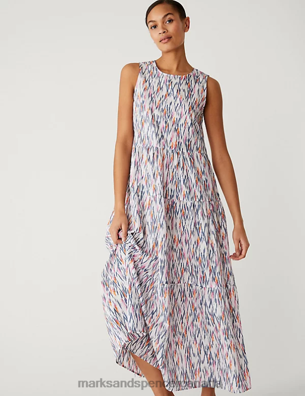 Marks and Spencer Canada - Women White Mix Clothing Marks & Spencer Pure Cotton Printed Maxi Tiered Dress 20VTD962