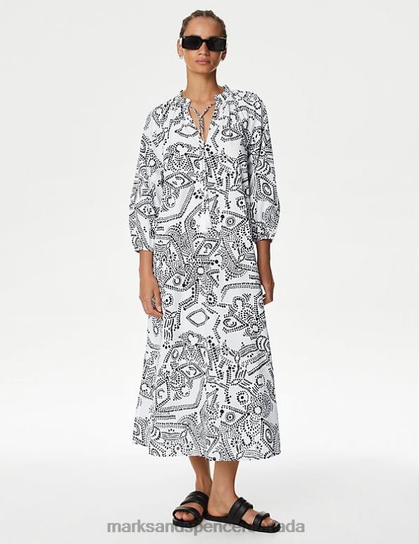 Women White Mix Clothing Marks & Spencer Pure Cotton Printed Midi Kaftan Dress 20VTD131 - Marks and Spencer online