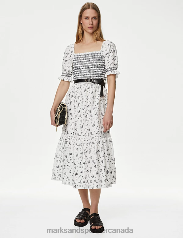 Marks and Spencer near me - Women White Mix Clothing Marks & Spencer Pure Cotton Printed Square Neck Midi Dress 20VTD1817