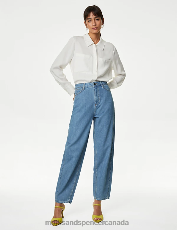 Women Chambray Clothing Marks & Spencer Relaxed High Waisted Straight Leg Jeans 20VTD990 - Marks and Spencer online