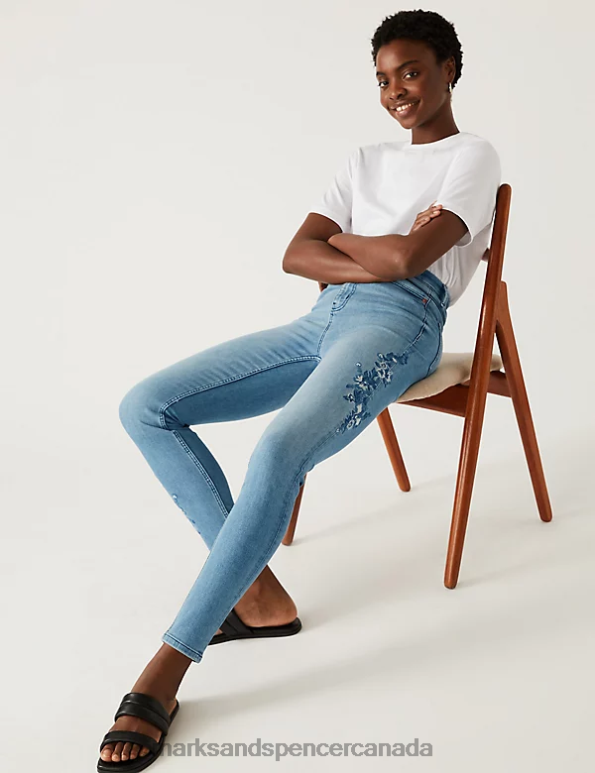 Women Light Indigo Clothing Marks & Spencer Ivy High Waisted Embroidered Skinny Jeans 20VTD1253 - Marks and Spencer online