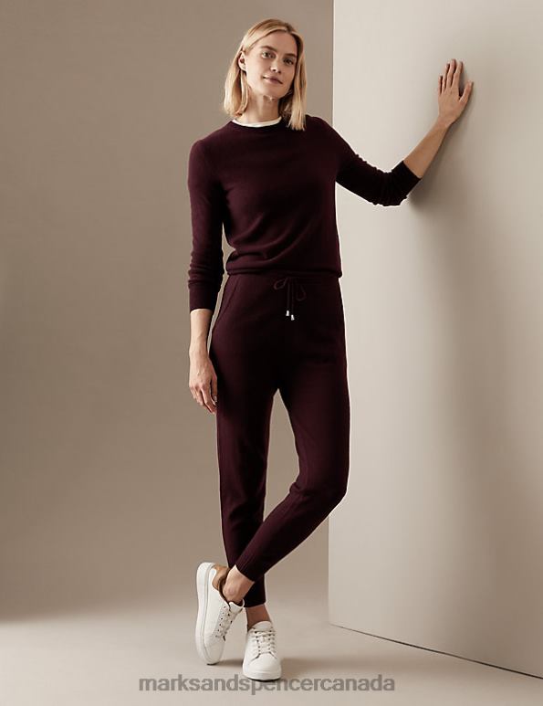 Women Dark Burgundy Clothing Marks & Spencer Pure Cashmere Tapered Ankle Grazer Joggers 20VTD3240 - Marks and Spencer online