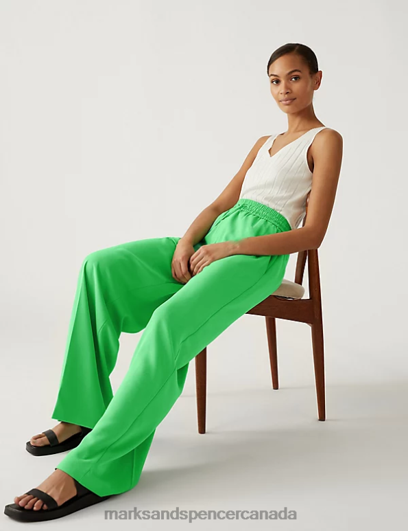 Marks and Spencer Canada - Women Acid Green Clothing Marks & Spencer Crepe Drawstring Wide Leg Trousers 20VTD1044