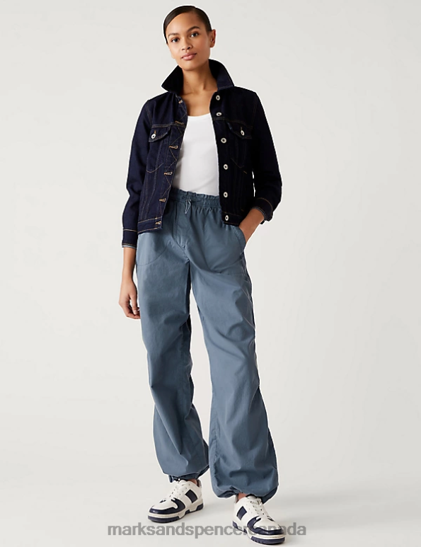 Women Air Force Blue Clothing Marks & Spencer Pure Cotton Cuffed Parachute Trousers 20VTD1622 - Marks and Spencer outlet