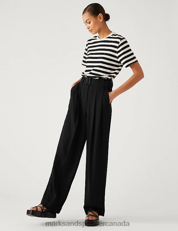 Women Black Clothing Marks & Spencer Belted Relaxed Straight Trousers 20VTD612 - Marks and Spencer Canada locations