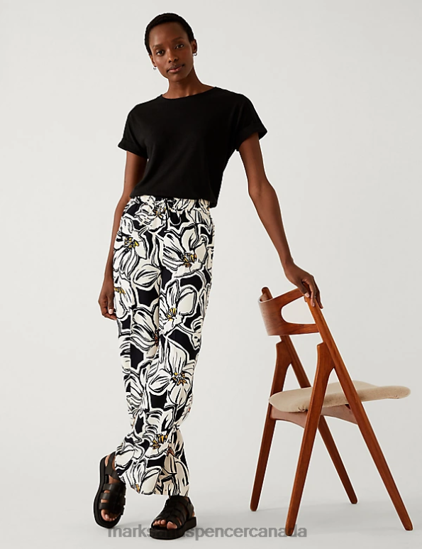 Women Black Clothing Marks & Spencer Crepe Printed Drawstring Wide Leg Trousers 20VTD3058 - Marks and Spencer Canada locations