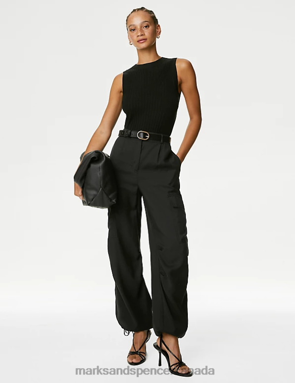 Women Black Clothing Marks & Spencer Modal Rich Cargo Wide Leg Trousers 20VTD1124 - Marks and Spencer Canada locations