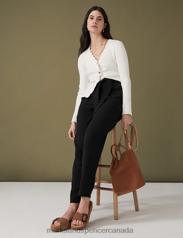 Women Black Clothing Marks & Spencer Pure Cotton Belted Tapered Trousers 20VTD1180 - Marks and Spencer online