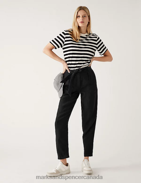 Marks and Spencer sale - Women Black Clothing Marks & Spencer Pure Linen Belted Tapered Trousers 20VTD2653