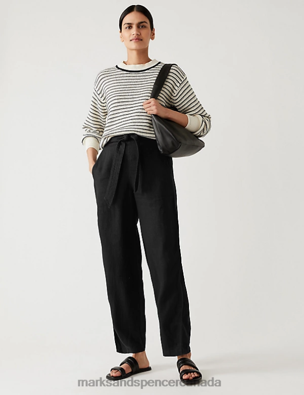 Women Black Clothing Marks & Spencer Pure Linen Printed Belted Balloon Trousers 20VTD2483 - Marks and Spencer online