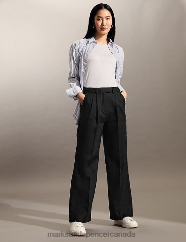 Marks and Spencer Canada - Women Black Clothing Marks & Spencer Pure Linen Wide Leg Trousers 20VTD1106