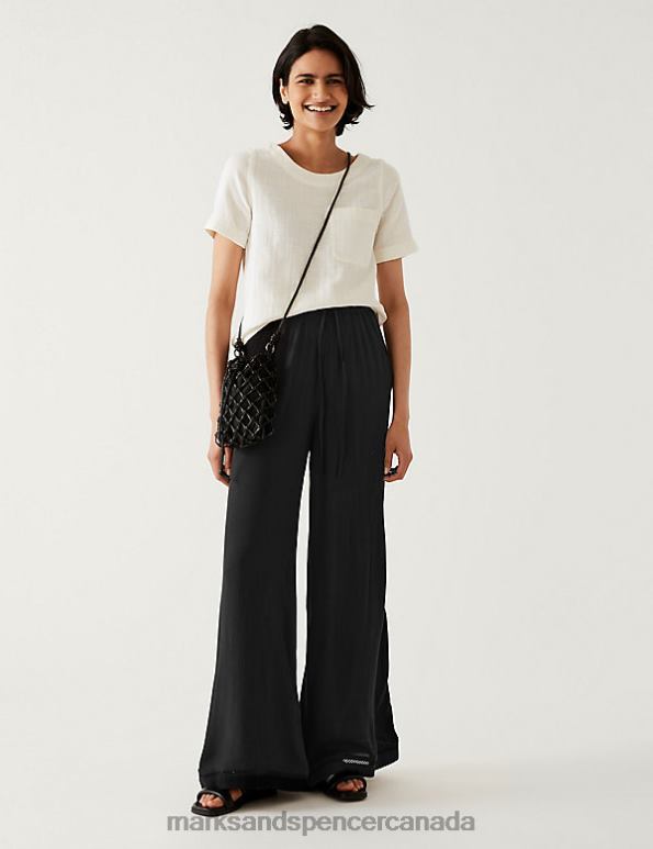 Women Black Clothing Marks & Spencer Textured Wide Leg Ankle Grazer Trousers 20VTD3064 - Marks and Spencer outlet