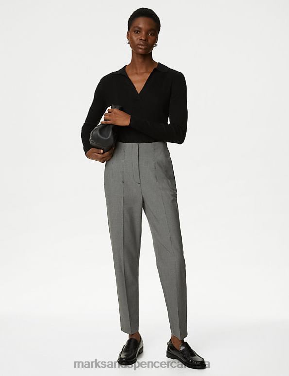 Women Black Mix Clothing Marks & Spencer Checked Tapered Ankle Grazer Trousers 20VTD2230 - Marks and Spencer Canada locations