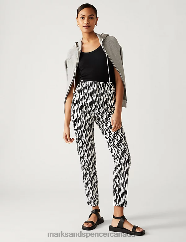 Marks and Spencer Canada - Women Black Mix Clothing Marks & Spencer Cotton Blend Printed Slim Fit Trousers 20VTD2780