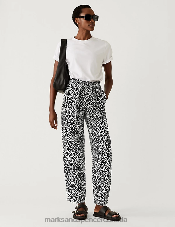 Marks and Spencer sale - Women Black Mix Clothing Marks & Spencer Pure Linen Printed Belted Balloon Trousers 20VTD2482