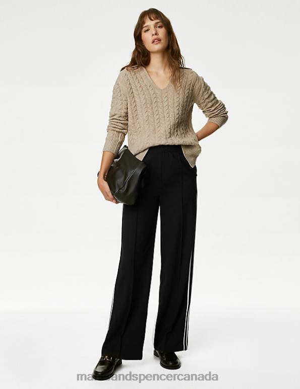 Women Black Mix Clothing Marks & Spencer Side Stripe Wide Leg Trousers 20VTD623 - Marks and Spencer outlet