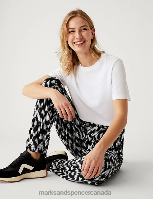 Marks and Spencer near me - Women Black/White Clothing Marks & Spencer Jersey Printed Tapered Trousers 20VTD2297