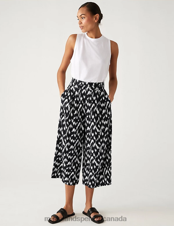 Women Black/White Clothing Marks & Spencer Printed Wide Leg Cropped Trousers 20VTD2743 - Marks and Spencer online