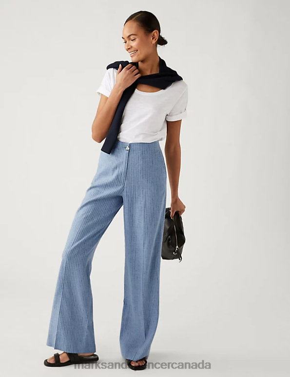 Women Blue Mix Clothing Marks & Spencer Linen Blend Striped Wide Leg Trousers 20VTD2303 - Marks and Spencer online