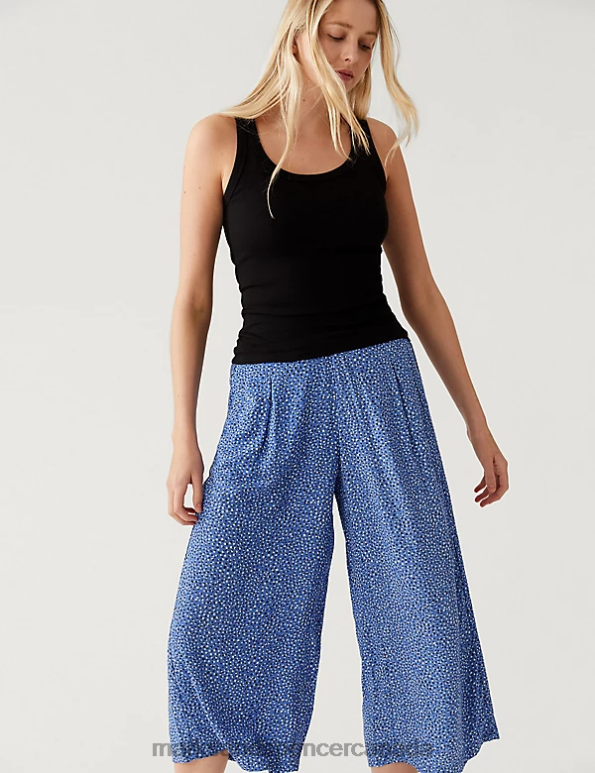 Women Blue Mix Clothing Marks & Spencer Printed Wide Leg Cropped Trousers 20VTD2369 - Marks and Spencer online