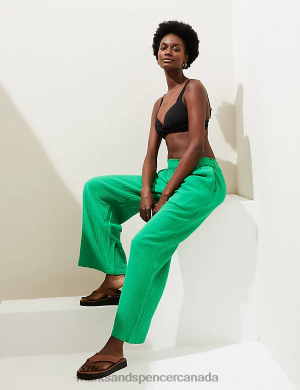 Women Bright Green Clothing Marks & Spencer Pure Cotton Wide Leg Trousers 20VTD2293 - Marks and Spencer online