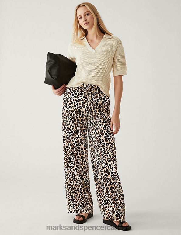 Marks and Spencer near me - Women Brown Mix Clothing Marks & Spencer Crepe Animal Print Wide Leg Trousers 20VTD2797