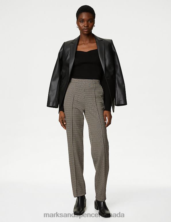 Women Brown Mix Clothing Marks & Spencer Twill Jersey Houndstooth Pintuck Trousers 20VTD1513 - Marks and Spencer outlet