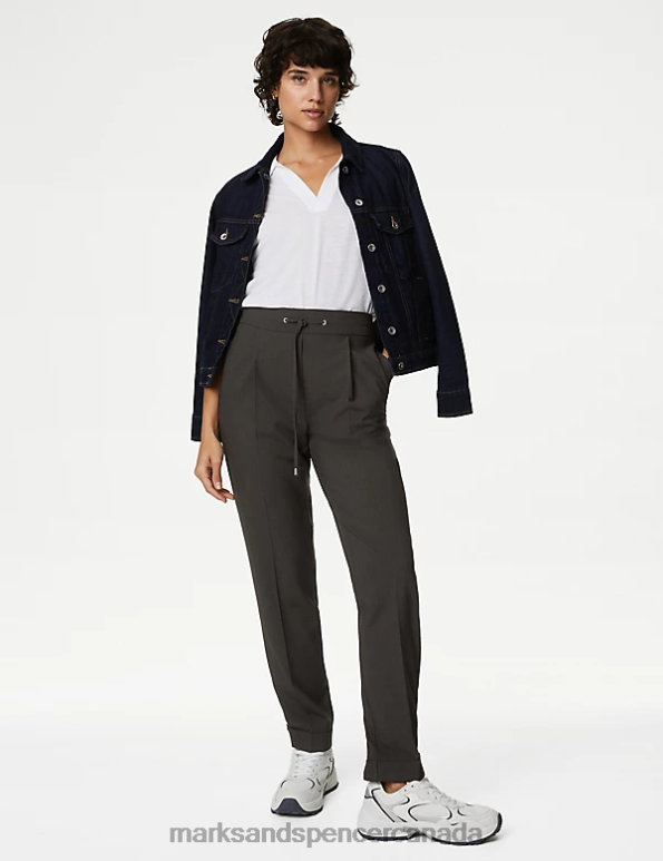 Women Charcoal Clothing Marks & Spencer Drawstring Tapered Ankle Grazer Trousers 20VTD1161 - Marks and Spencer outlet