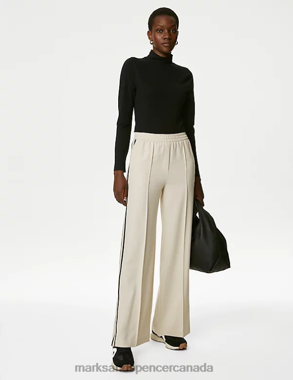 Women Cream Mix Clothing Marks & Spencer Side Stripe Wide Leg Trousers 20VTD280 - Marks and Spencer outlet