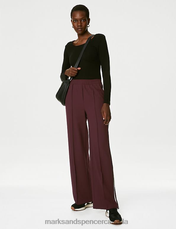 Women Dark Burgundy Clothing Marks & Spencer Side Stripe Wide Leg Trousers 20VTD627 - Marks and Spencer online