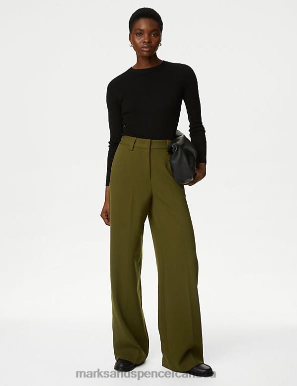 Women Dark Khaki Clothing Marks & Spencer Crepe Tab Detail Wide Leg Trousers 20VTD14 - Marks and Spencer online