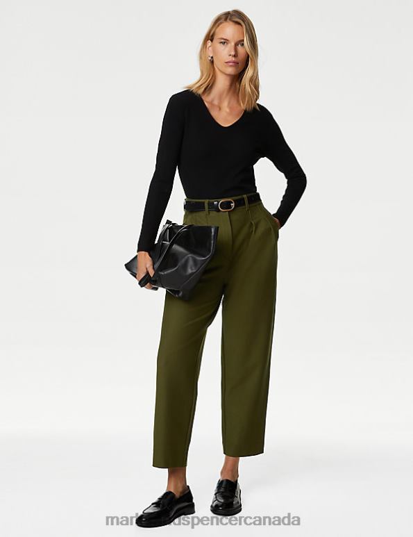 Women Dark Khaki Clothing Marks & Spencer Jersey Tapered Ankle Grazer Trousers 20VTD747 - Marks and Spencer outlet