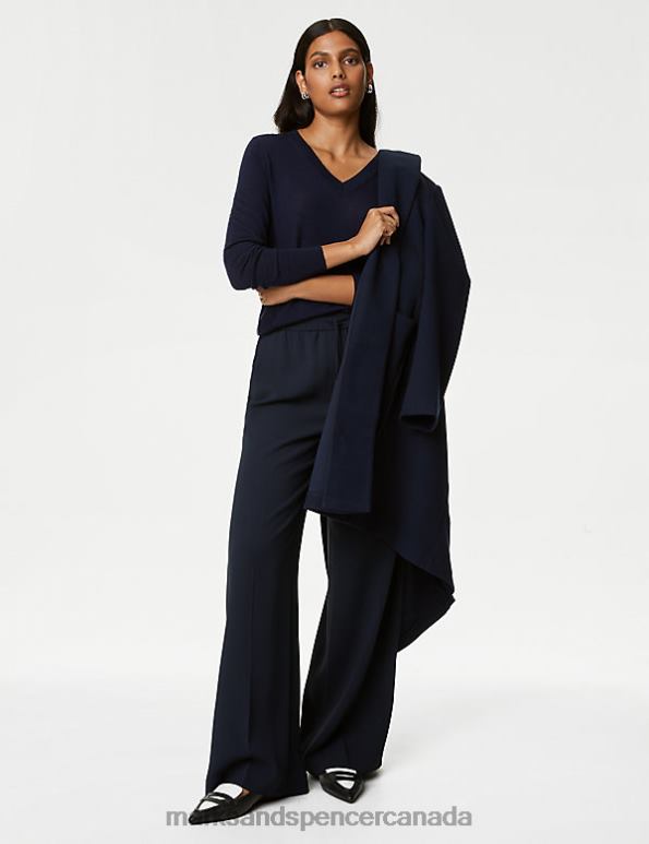 Women Dark Navy Clothing Marks & Spencer Crepe Drawstring Wide Leg Trousers 20VTD1043 - Marks and Spencer outlet