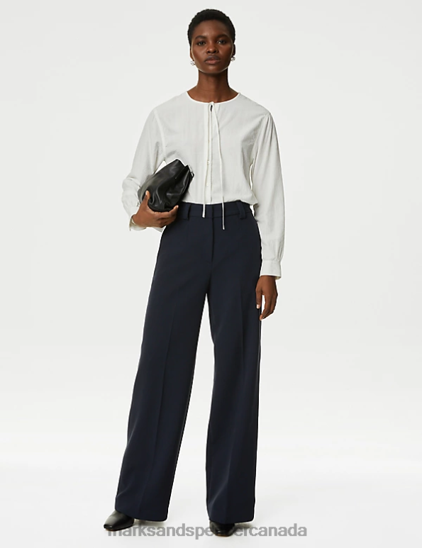 Women Dark Navy Clothing Marks & Spencer Crepe Tab Detail Wide Leg Trousers 20VTD16 - Marks and Spencer Canada locations