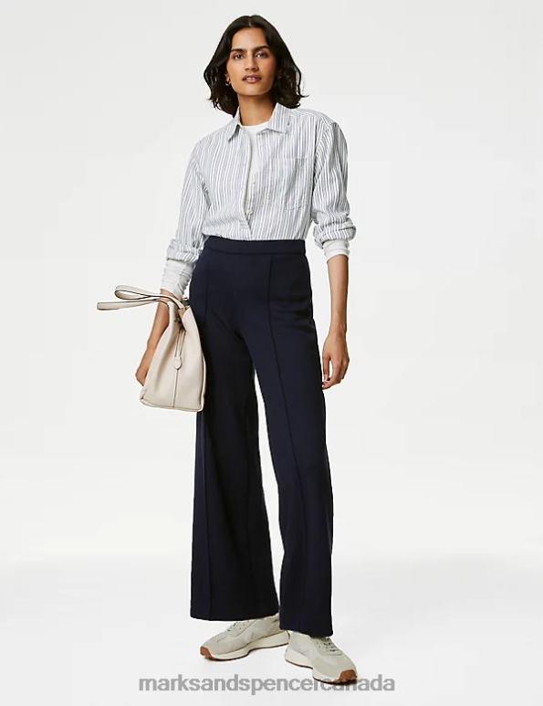 Marks and Spencer near me - Women Dark Navy Clothing Marks & Spencer Jersey Elasticated Waist Wide Leg Trousers 20VTD728