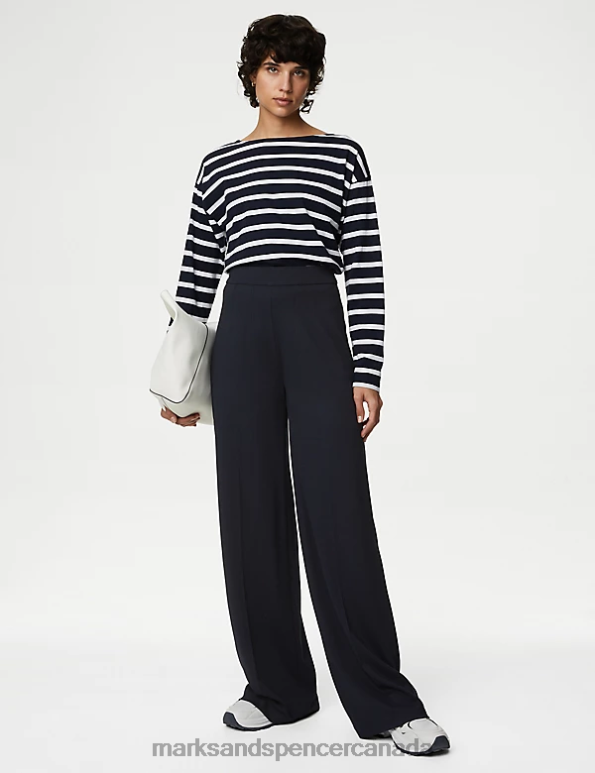 Women Dark Navy Clothing Marks & Spencer Jersey Wide Leg Trousers with Stretch 20VTD630 - Marks and Spencer Canada locations