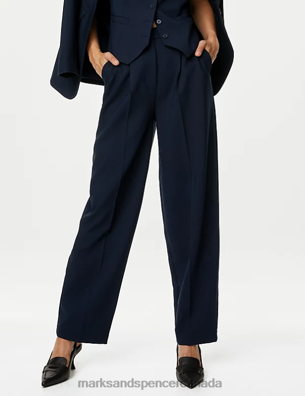 Women Dark Navy Clothing Marks & Spencer Pleat Front Relaxed Trousers 20VTD360 - Marks and Spencer online