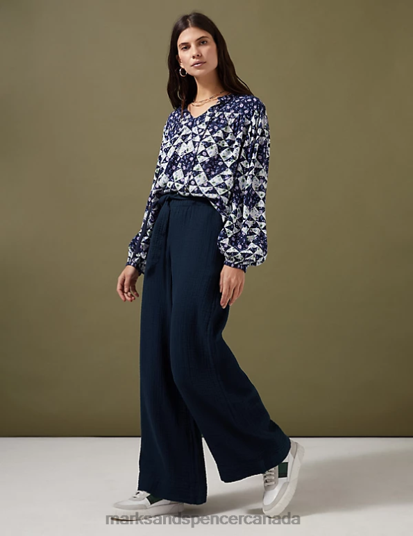 Marks and Spencer Canada - Women Dark Navy Clothing Marks & Spencer Pure Cotton Textured Wide Leg Trousers 20VTD2723