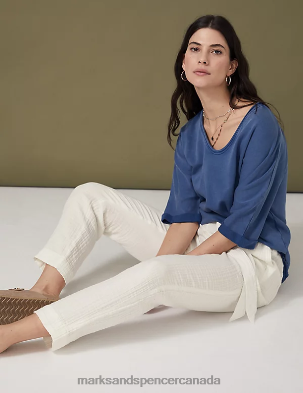 Women Ecru Clothing Marks & Spencer Pure Cotton Belted Tapered Trousers 20VTD1510 - Marks and Spencer Canada locations