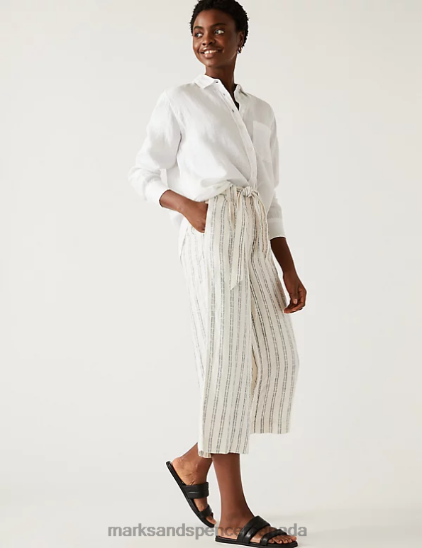 Marks and Spencer sale - Women Ecru Mix Clothing Marks & Spencer Pure Linen Striped Wide Leg Cropped Trousers 20VTD2228