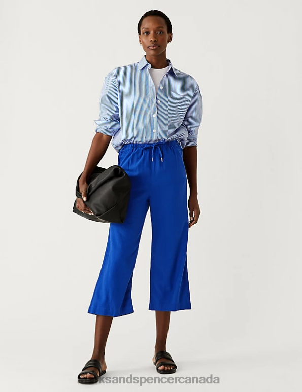 Women Electric Blue Clothing Marks & Spencer Linen Rich Wide Cropped Leg Trousers 20VTD2041 - Marks and Spencer outlet